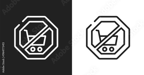 No shopping cart icon. Linear black, white icon from signal and prohibitions collection. Outline no shopping cart vector. Thin line symbol isolated on white and black background