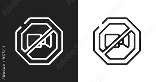 No video icon. Linear black, white icon from signal and prohibitions collection. Outline no video vector. Thin line symbol isolated on white and black background