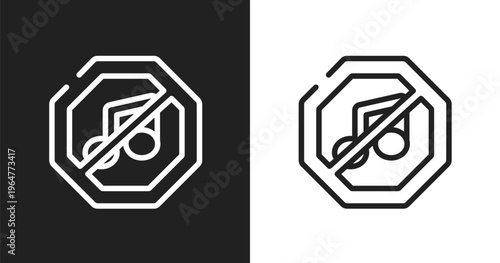 No music icon. Linear black, white icon from signals collection. Outline no music vector. Thin line symbol isolated on white and black background