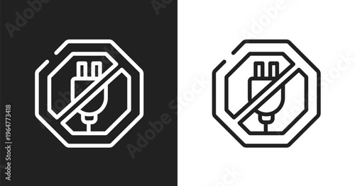 No plug icon. Linear black, white icon from signal and prohibitions collection. Outline no plug vector. Thin line symbol isolated on white and black background