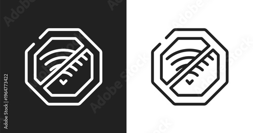 No wifi icon. Linear black, white icon from signal and prohibitions collection. Outline no wifi vector. Thin line symbol isolated on white and black background