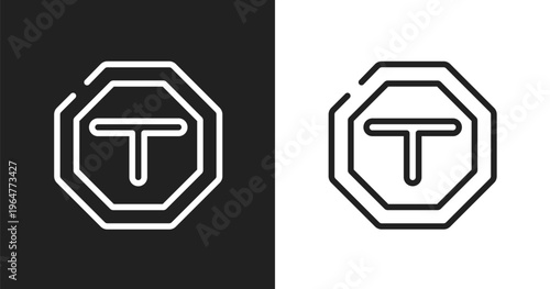 Intersecting icon. Linear black, white icon from traffic signs collection. Outline intersecting vector. Thin line symbol isolated on white and black background