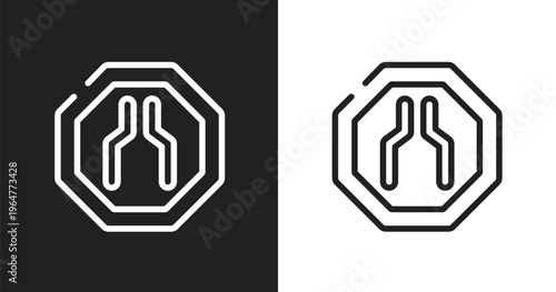 Narrow icon. Linear black, white icon from traffic signs collection. Outline narrow vector. Thin line symbol isolated on white and black background
