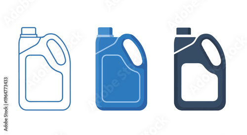Three blue plastic detergent bottles icons in different shades on a white background