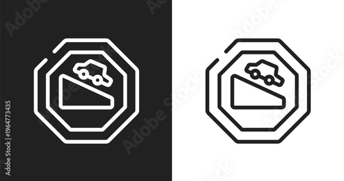 Descending icon. Linear black, white icon from traffic signs collection. Outline descending vector. Thin line symbol isolated on white and black background