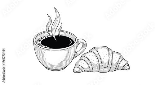 An elegant black and white line art illustration depicts a steaming cup of coffee beside a freshly baked croissant on a white background.