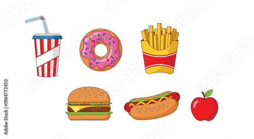 A colorful collection of fast food items, including a soda, donut, fries, burger, hot dog, and an apple, is arranged on a white background.