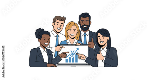 Five diverse business professionals are smiling and pointing at a laptop screen displaying a financial growth chart with a yen symbol.
