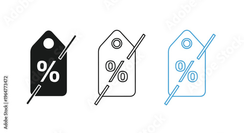Set of discount tags with percentage symbols in black, gray, and blue on a white background.