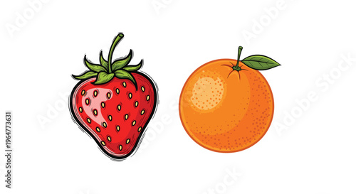 A vibrant red strawberry and a bright orange are depicted side-by-side on a plain white background.