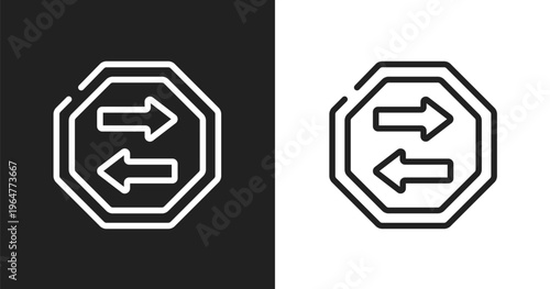 Two way icon. Linear black, white icon from traffic signs collection collection. Outline two way vector. Thin line symbol isolated on white and black background