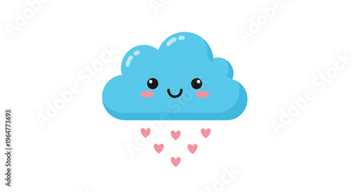 A cute blue cloud with a smiling face rains pink hearts on a plain white background.