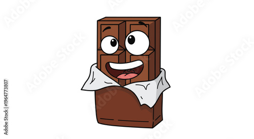 A cheerful anthropomorphic chocolate bar character, partially unwrapped from its foil, stands upright and smiles broadly on a plain white background.
