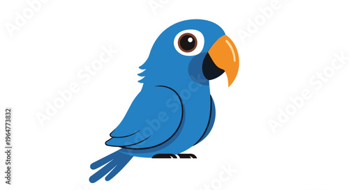 A charming cartoonish blue parrot with an orange beak and brown eyes stands facing right on a crisp white background.