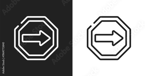 One way sign icon. Linear black, white icon from universal warning signals collection. Outline one way sign vector. Thin line symbol isolated on white and black background