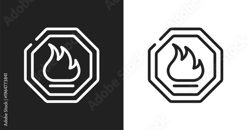 Fire warning icon. Linear black, white icon from universal warning signals collection. Outline fire warning vector. Thin line symbol isolated on white and black background