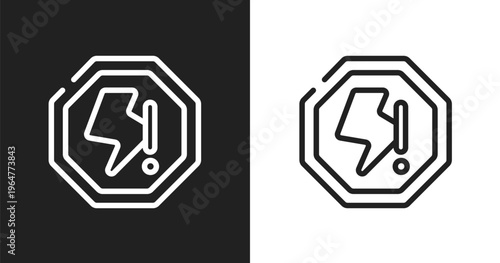 Lightning warning icon. Linear black, white icon from universal warning signals collection. Outline lightning warning vector. Thin line symbol isolated on white and black background