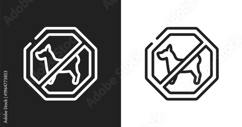 No dogs icon. Linear black, white icon from public spaces signals collection. Outline no dogs vector. Thin line symbol isolated on white and black background