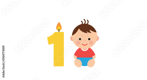 A smiling cartoon baby in a red shirt sits next to a yellow number one birthday candle with a flickering flame.