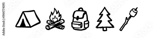 Hand-drawn camping icon set featuring a tent, campfire, backpack, pine tree, and roasted marshmallow. Black ink doodle style on white background, perfect for outdoor adventure designs.