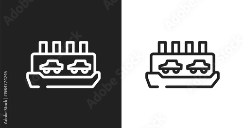Ferry carrying cars icon. Linear black, white icon from indications collection. Outline ferry carrying cars vector. Thin line symbol isolated on white and black background