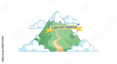 A stylized green mountain with a snowy peak and a winding path is surrounded by clouds, featuring a yellow banner with text.