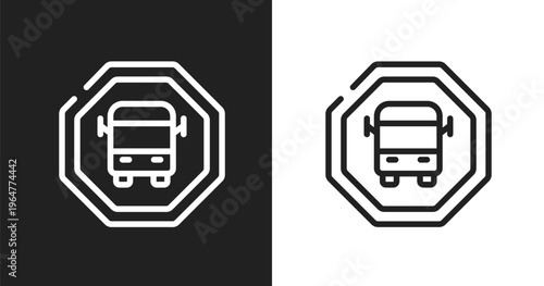 Scholar bus stop icon. Linear black, white icon from indications collection. Outline scholar bus stop vector. Thin line symbol isolated on white and black background