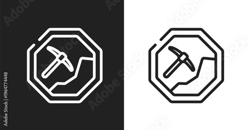 Mining work zone icon. Linear black, white icon from indications collection. Outline mining work zone vector. Thin line symbol isolated on white and black background