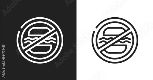 Food not allowed icon. Linear black, white icon from swimming pool rules collection. Outline food not allowed vector. Thin line symbol isolated on white and black background