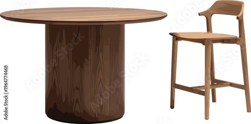 Minimalist wooden dining table and chair set vector illustration with natural texture modern furniture interior design concept