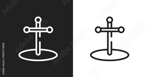Cross stuck in ground icon. Linear black, white icon from poi public places collection. Outline cross stuck in ground vector. Thin line symbol isolated on white and black background
