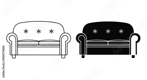 Black and white illustration of two identical sofas with star-shaped buttons on a plain background.