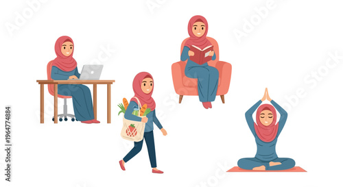 Muslim Woman Lifestyle Set Hijab Cartoon Vector Illustrations Isolated on White Background