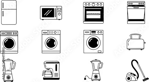 A collection of white kitchen appliance icons on a solid black background on transparent background