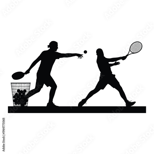 Two players intensely rally during a doubles tennis match at night isolated on white background, Vector