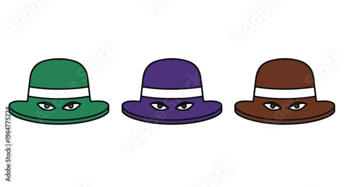 Three cartoonish bowler hats with expressive eyes in green, purple, and brown on a white background.
