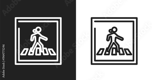 Pedestrian crossing icon. Linear black, white icon from us road signs collection. Outline pedestrian crossing vector. Thin line symbol isolated on white and black background