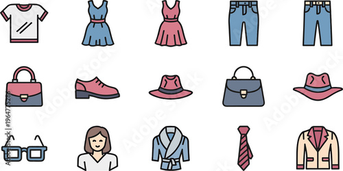 A colorful collection of fashion items and accessories on a solid black background on transparent background