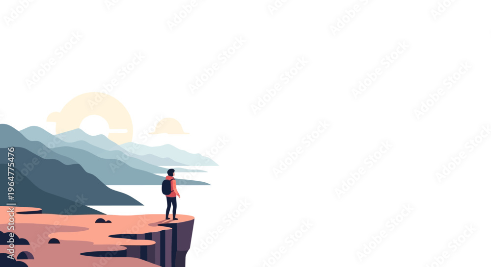 Obraz premium Adventurous journey: hiker on cliff edge with scenic mountain view at
