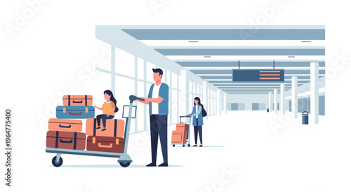 Busy airport terminal with travelers and luggage in a minimalist flat