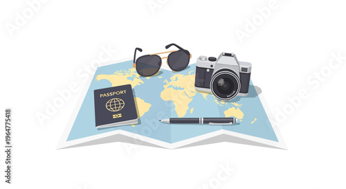 Travel essentials on world map with camera sunglasses passport and pen