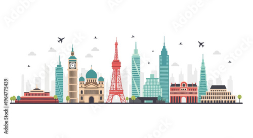 Diverse global landmarks in a modern flat design skyline illustration