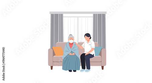 Healthcare worker comforting elderly woman on sofa
