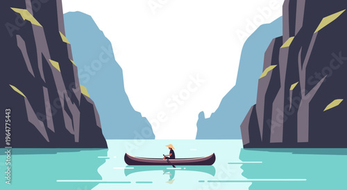Tranquil journey: person canoeing through scenic canyon landscape