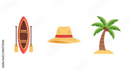 Summer adventure elements: canoe hat and palm tree in flat design
