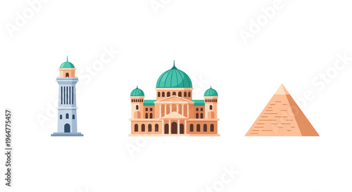 Iconic landmarks series: lighthouse cathedral and pyramid in flat