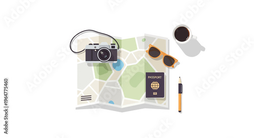 Travel essentials: map camera passport sunglasses and coffee on a