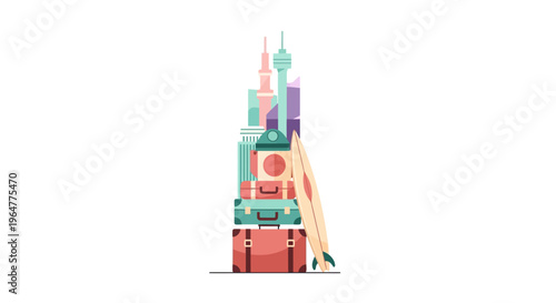 Travel adventure: suitcase and landmarks in flat design
