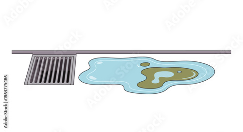 Drainage system with puddle and water spill on ground