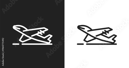 Take off icon. Linear black, white icon from airport collection. Outline take off vector. Thin line symbol isolated on white and black background